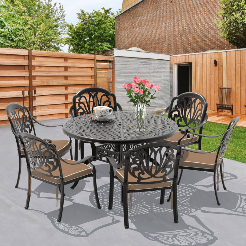 Dheftera 48.03-inch Round Cast Aluminum Outdoor Dining Set with Umbrella Hole and Brown Cushions, 6
