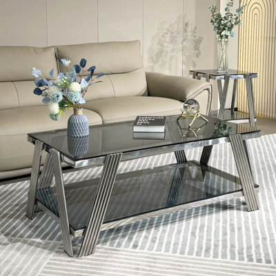 Glass Coffee Table Modern Set 3-Piece Silver Geometric Living