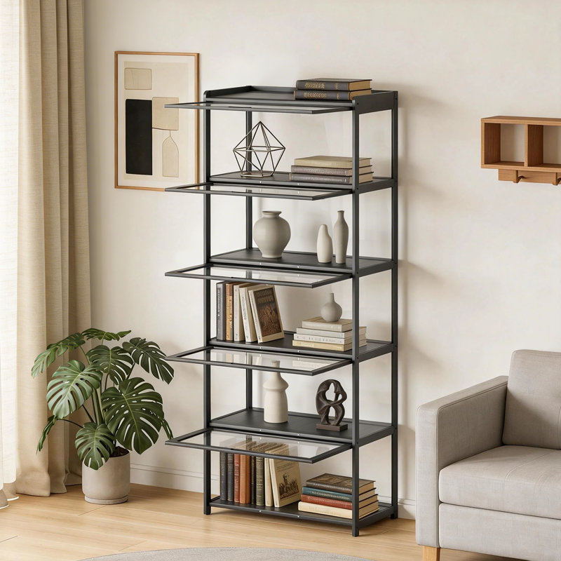 Vitrine à 5 niveaux avec porte rabattable en acrylique, vitrine de rangement de la collection Curio Cabinet, Noir/transparent