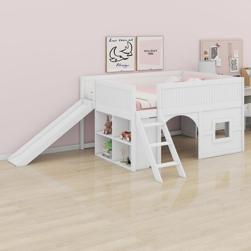 Low Profile Loft Bed Featuring A Slide And Shelves, White