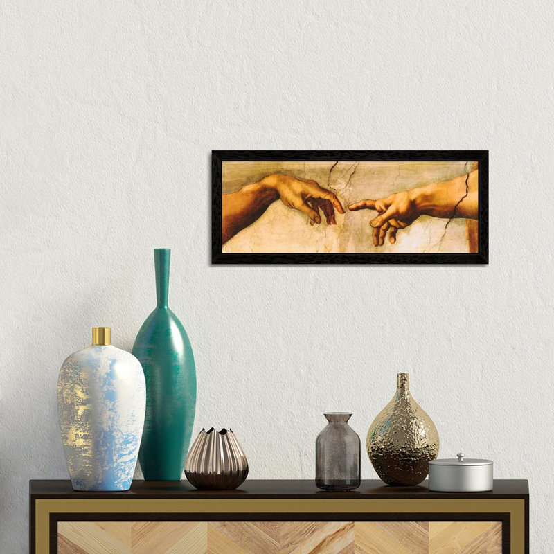 The Creation Of Adam by Michelangelo - Panoramic Painting on Canvas, 152.4 cm H x 50.8 cm W, Black Framed