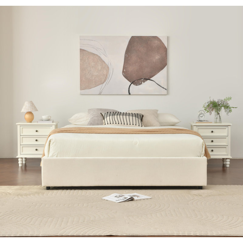 Lit plateforme tapissier avec rangement et tiroirs, Crème, crème, Double