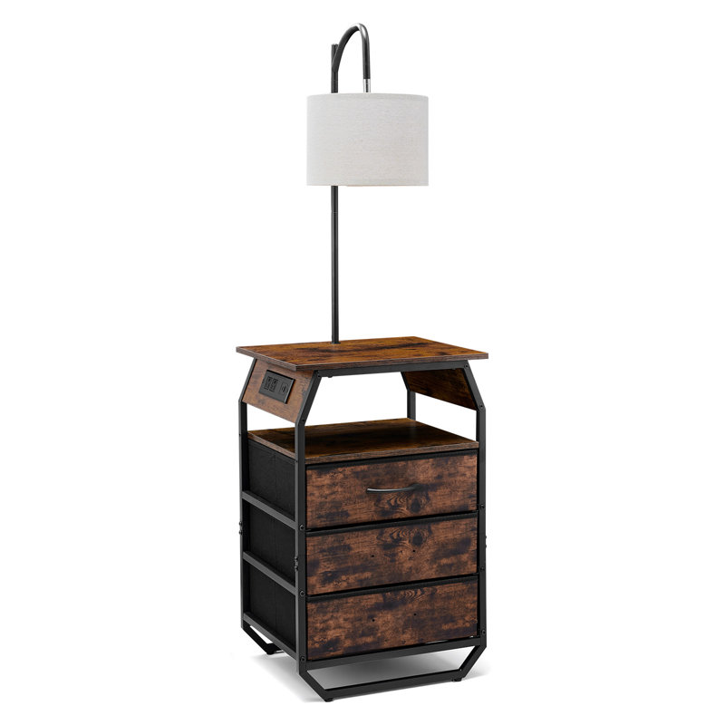 Floor Lamp with Table, 2-Tier End Table with 3 Drawers and 3 Colour Temperature Lighting, Modern Side Nightstand Bedside Desk with USB & Type C & AC Charging Port for Living Room, Bedroom, Dorm