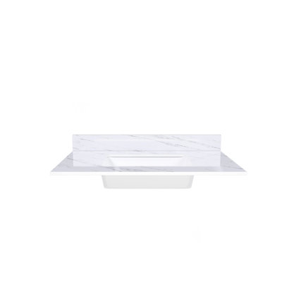 37" White Marble Vanity Top, 3 Pre-drilled Holes, Undermount Rectangular Sink & 4" Backsplash