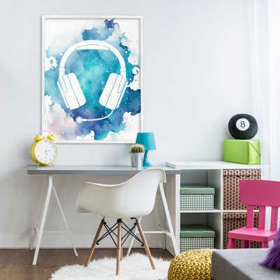 Blue Headphone Splatter Framed Giclee, design by Marcus Prime