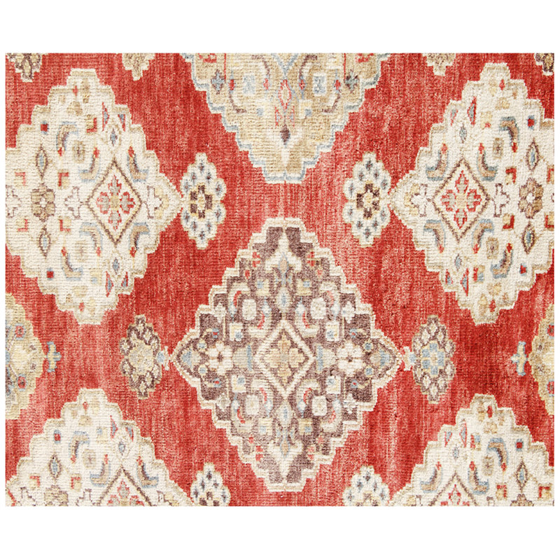 Tapis rouille et beige en laine noué à la main - motif de médaillon géométrique traditionnel fait à la main