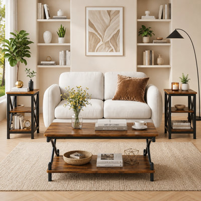 Kempst Coffee Table with Storage Shelf, Rustic Farmhouse Brown Cocktail Table with Metal Frame, 2-Tier Wood and Metal Frame Accent Table for Living Room, Apartment, or Small Spaces