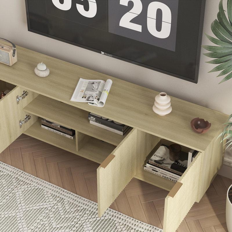 Meuble télé moderne avec cannelures avec rangement, Naturel