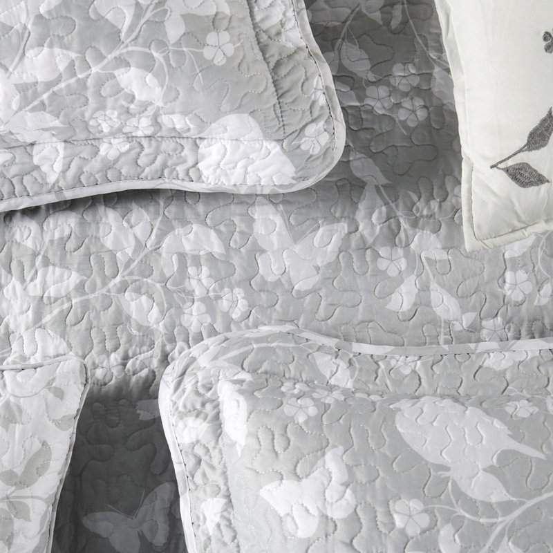 Ensemble de courtepointe 6 pièces en microfibre imprimée, Gris / blanc, Couvre-lit très grand + 2 très grandes taies dé