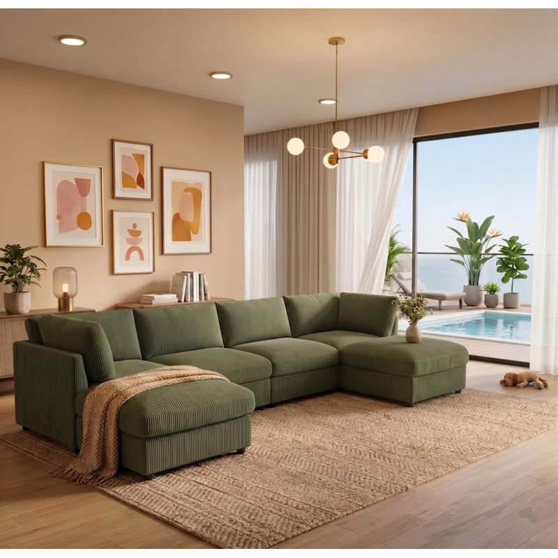 Canapé modulaire de coin avec repose-pieds Annai, Vert forêt