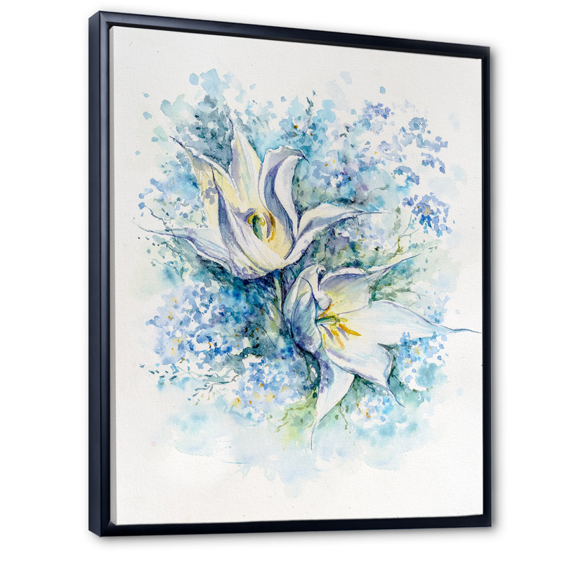 Deux tulipes blanches et bleues - reproduction sur toile, H 36 po x l 24 po x P 1 po, Cadre flottant noir