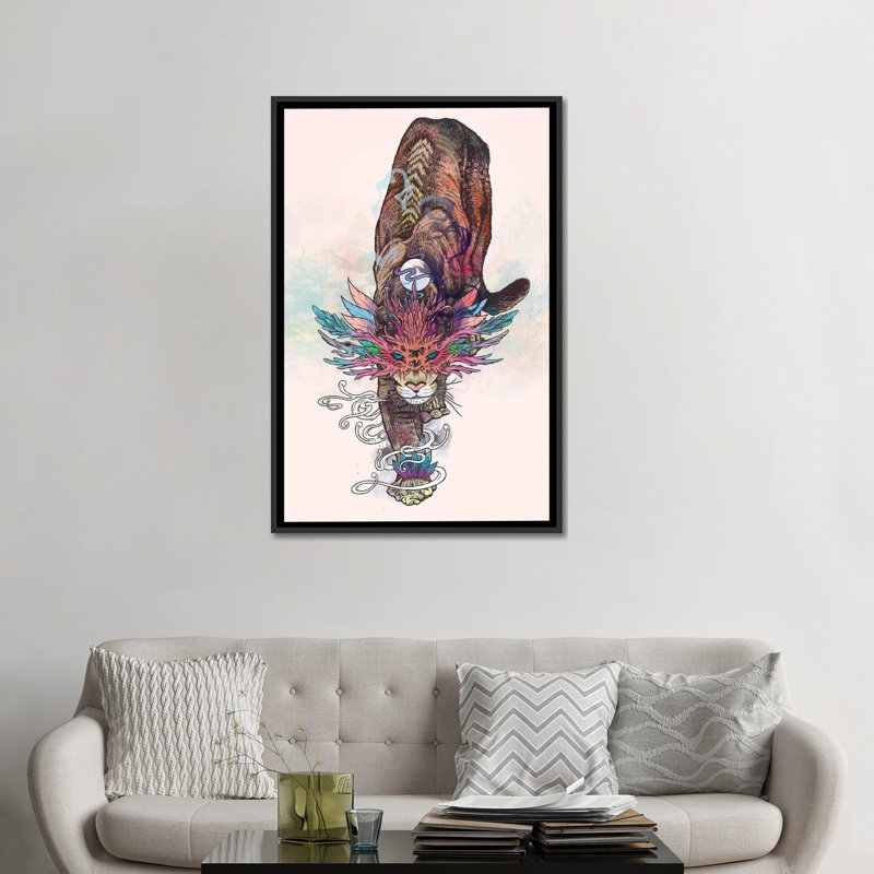 « voyageing rites (mountain lion) », impression sur toile, Toile avec cadre noir, Pas de tapis, H 48 po x l 32 po x P 1,5 po