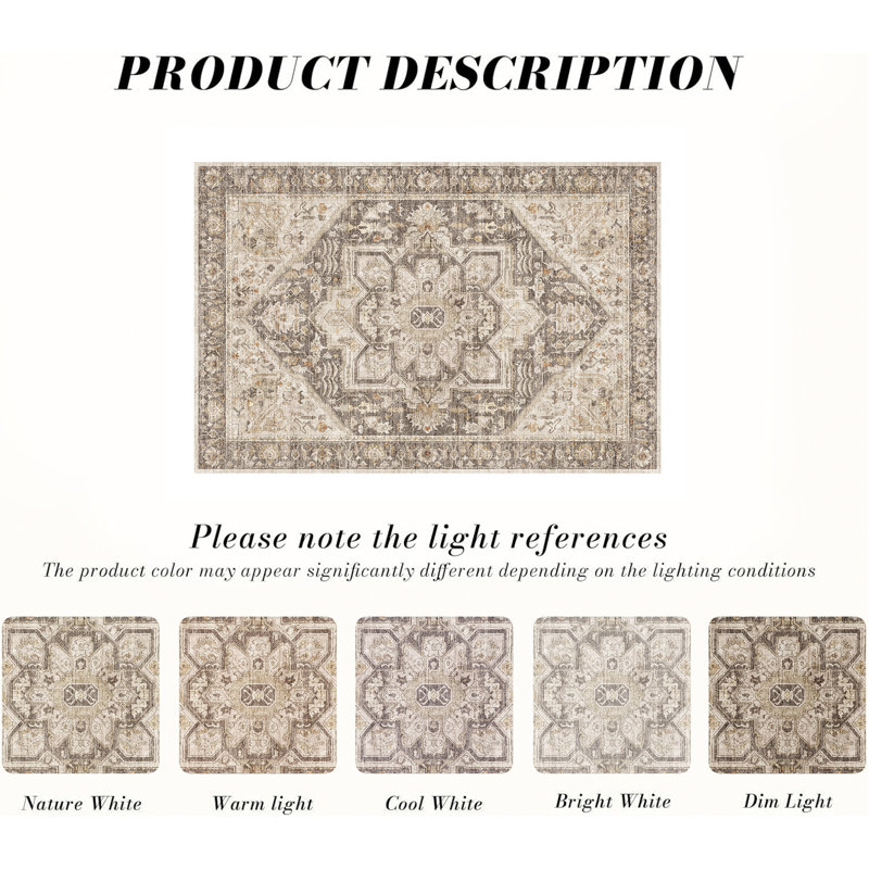 Elaine Machine Washable Vintage Area Rug With Non-Slip Backing, Rectangle 5' x 7'