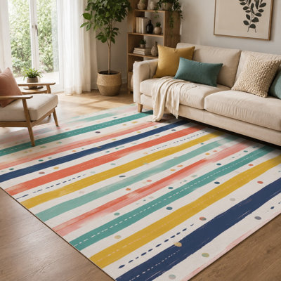 1Pcs Colorful Stripe Design - Low Plush, Printed Soft Fabric Carpet, Washable and Easy to Clean, Large Thin Rug, Non-Slip Backing, Suitable for Living Room, Bedroom, Kitchen, Office Indoor Use for home detor