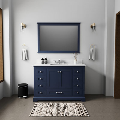 Navy Blue 48 In. W Single Bath Vanity With Cultured Marble Top, 46 Mirror And Soft - Closing Storage Arrangement Solution