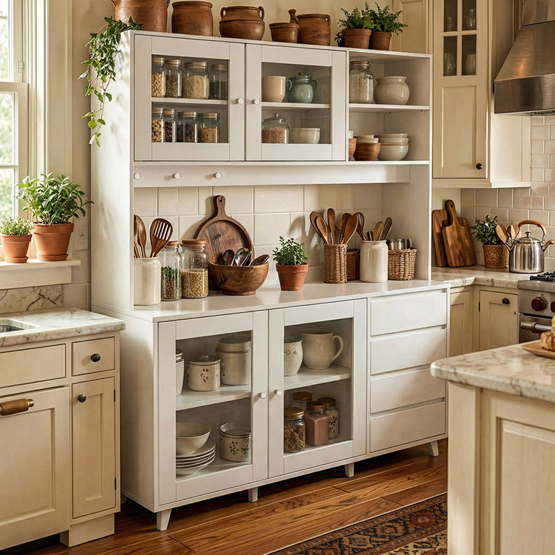 Garyson Kitchen Pantry With Tempered Glass Door And Strong Storage, White