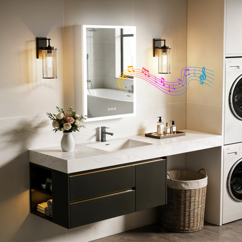 Surface Frameless LED Davaughn Mirror With 2 Adjustable Shelf & Bluetooth Speaker, 70cm H x 50cm W x 14.3cm D