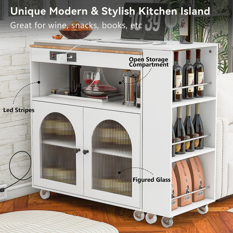 Rolling Kitchen Island With Extended Table, White