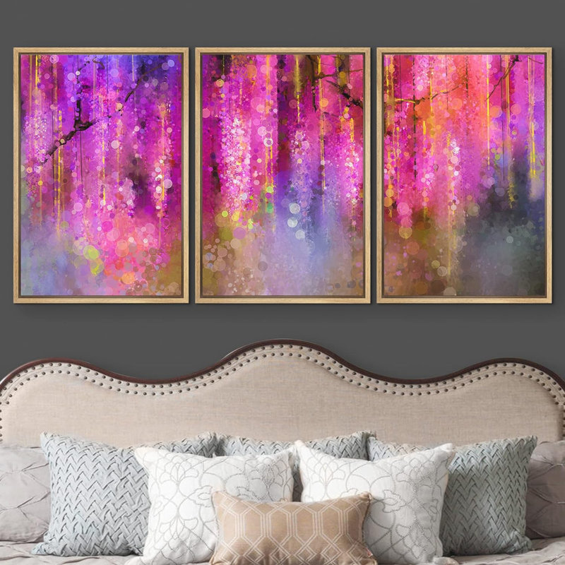 «Mauve et doré, aquarelle et paillettes», 3 pièces sur toile, Cadre naturel flottant, H 36 po x l 72 po