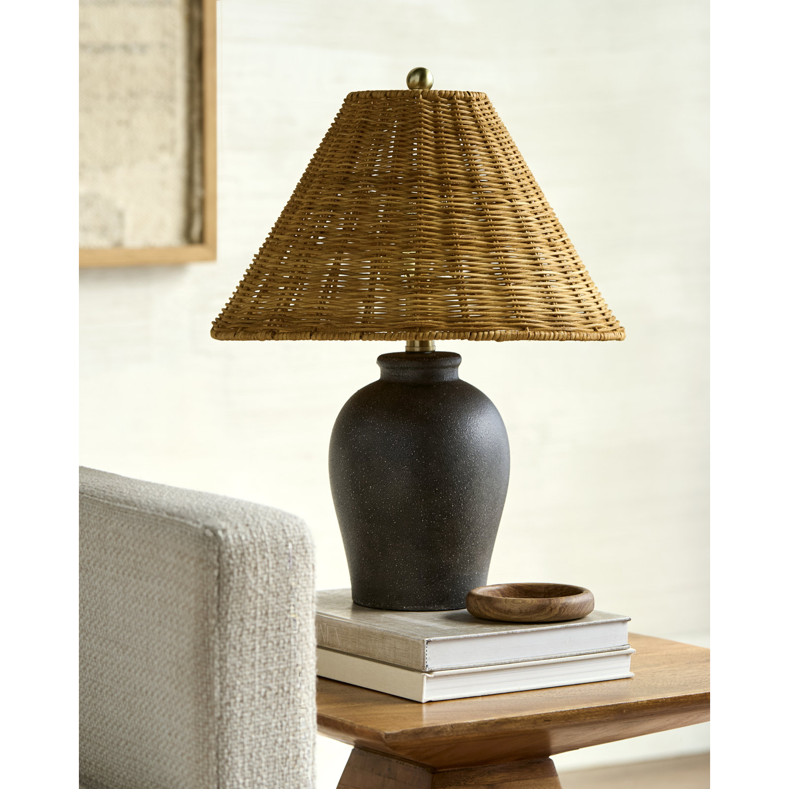 Chemise Table Lamp, Black, Wicker, Brown