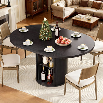 Large Round&Oval Dining Table With 4-Panel Easy Assembly & Hidden Storage In Fluted Base, Sturdy MDF Melamine Dinner Table For 8 Seater by Ebern Designs