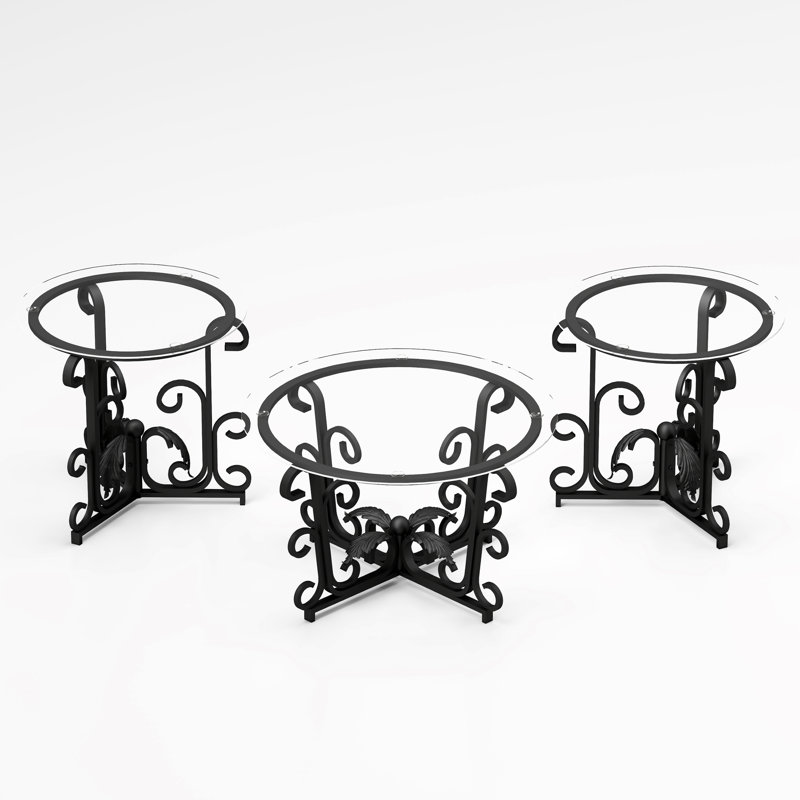Table basse 3 pièces en verre trempé rond rustique noir, pour le salon, configuration multifonctionnelle, design rétro américain avec surface et décor
