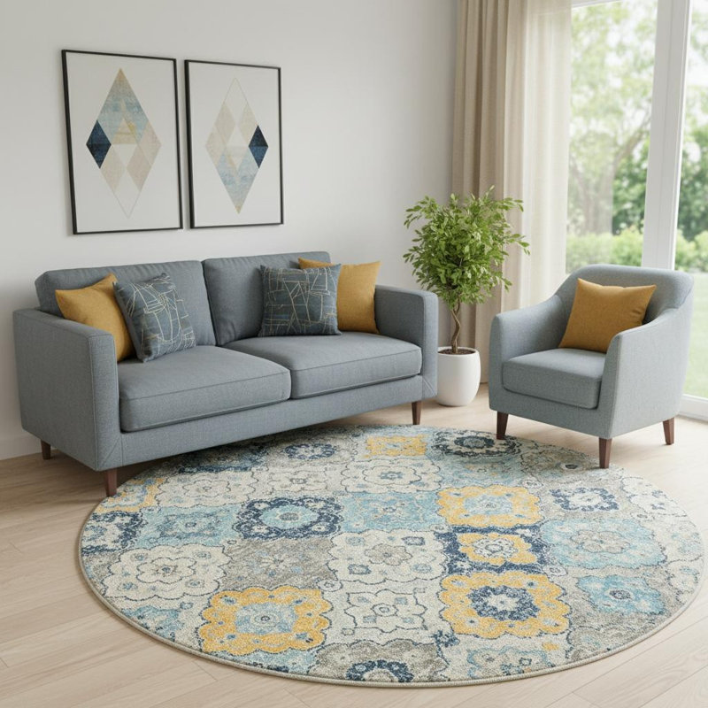 Tapis rond lavable antidérapant floral bleu et gris 8 pi