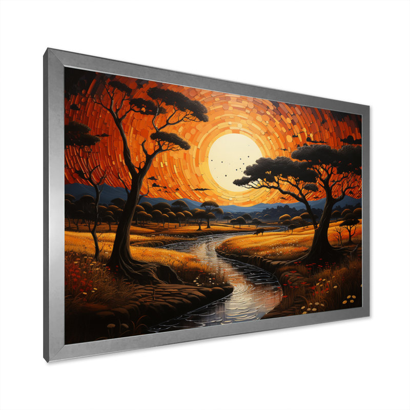 Coucher de soleil tribal africain VI - impressions d'art tribal africain, H 16 po x l 32 po x P 1 po, Cadre photo argenté