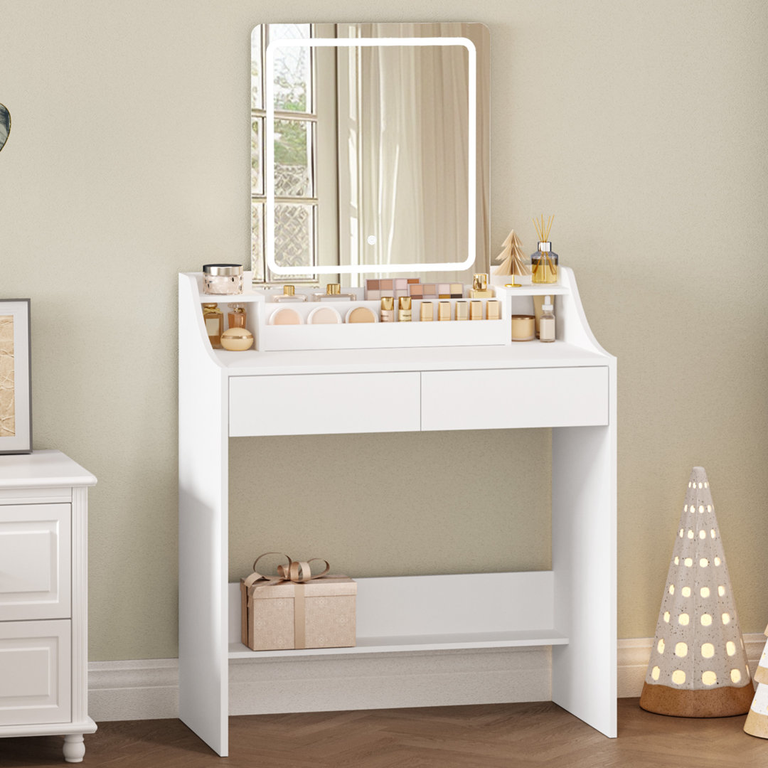 Dressing Table with LED Lights, Adjustable Brightness and Color, Vanity Table with Mirror, Vanity Desk with 2 Drawers and 2 Open Compartments, Modern,