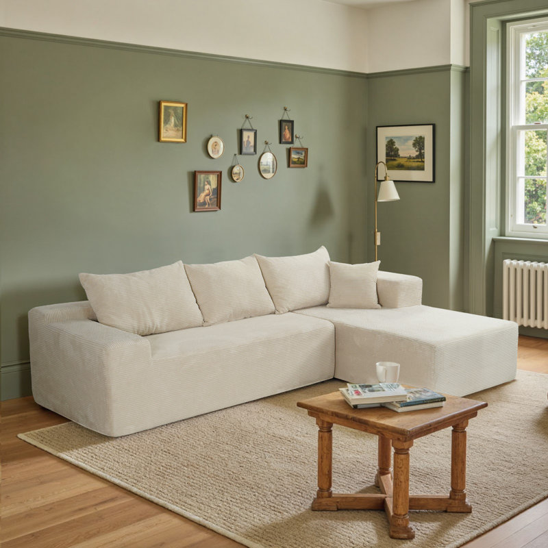 2 - Piece No Assembly Required Compression Sectional Free Combination Sofa，Upholstery Boneless Couch L-Shape Chaise Sofa, Deep Seat Corduroy Comfy Sofa With Pillow