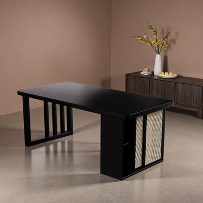 Bureau rectangulaire en bois de frêne noir avec rangement en rotin