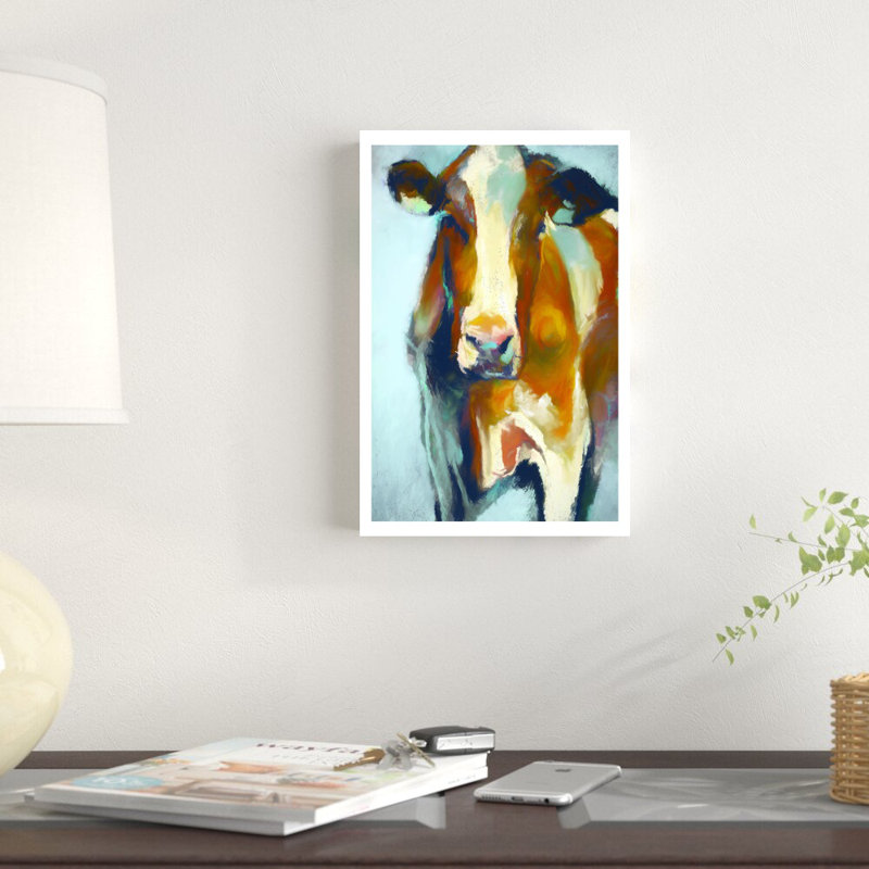 Vache brune et blanche - peinture sur toile tendue, H 12 po x l 8 po