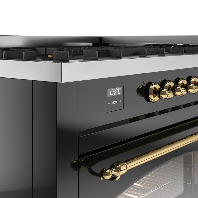 ILVE Nostalgie II 60 Dual Fuel Range, 9 Burners, Griddle, Natural Gas, Glossy Black/Brass