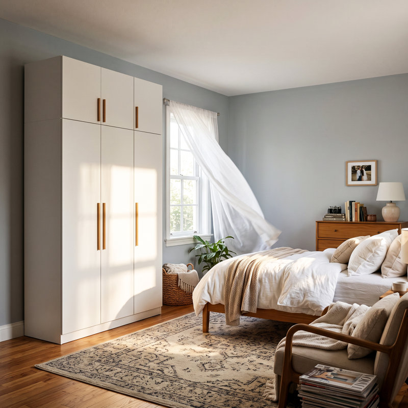 Armoire de 47,2 po de largeur avec armoire supérieure, 8 tablettes et tringle pour rangement dans la chambre à coucher, Blanc
