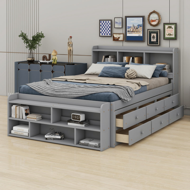 Lit avec tête de lit bibliothèque, tiroirs de rangement sous le lit et étui de rangement, Gris