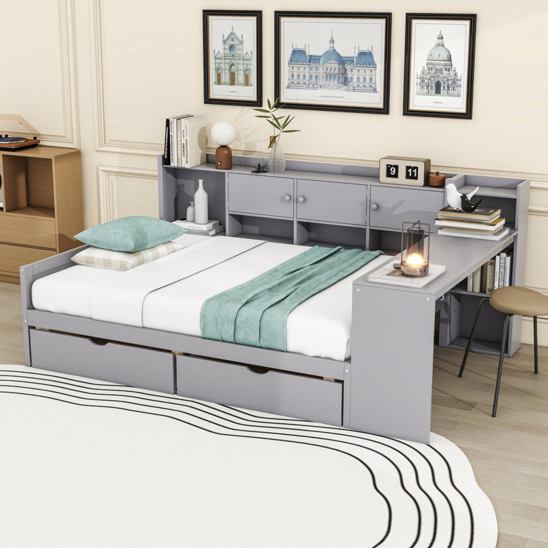 L-Shape Wood Daybed with Storage Desk and Drawers,Shelves, Full / Double
