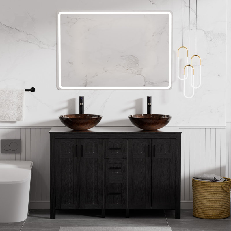 Meuble-lavabo double 48 po avec lavabos vasques, robinets, White
