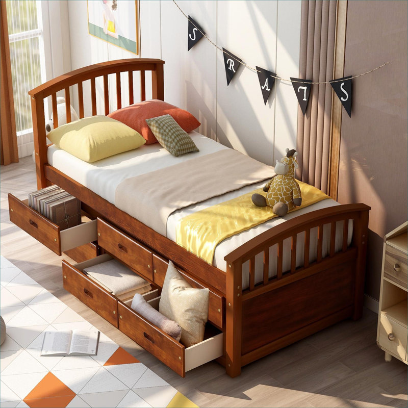 Lit plateforme simple avec 6 tiroirs intégrés, fabrication en bois massif brun riche, Brown