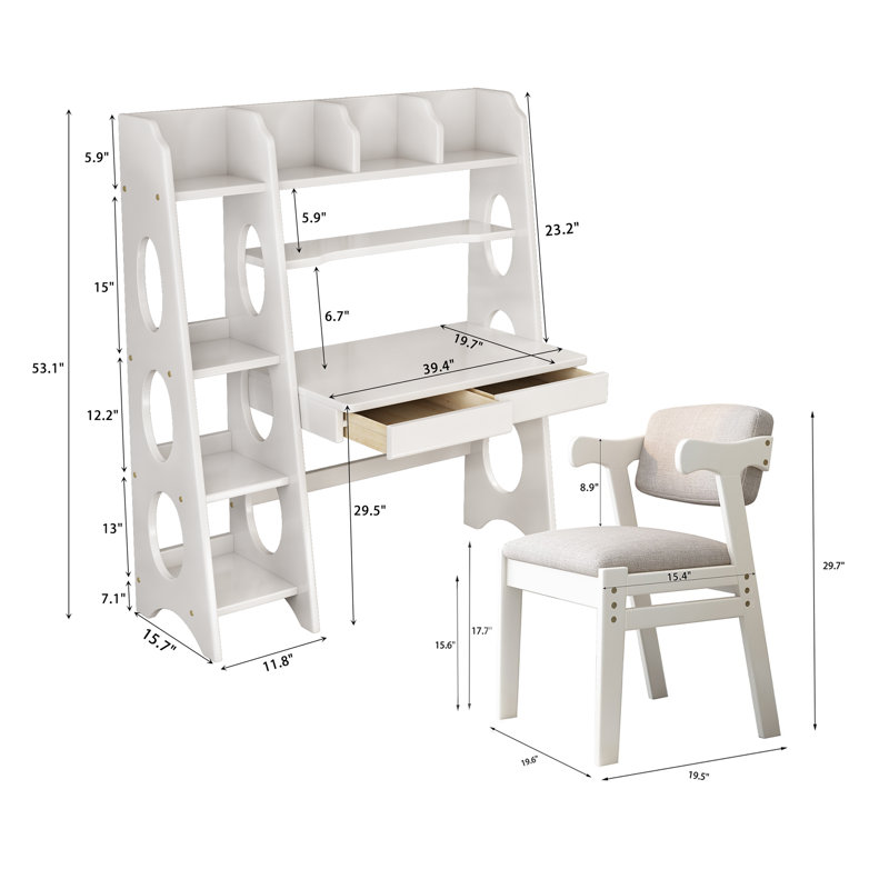 Dushane Kids Writing Desk Computer Table Bookshelf with Chair, White