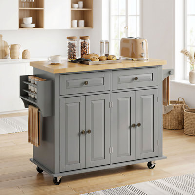 Ebern Designs 43.7'' Rolling Kitchen Island Cart with Rubberwood Top - Gray