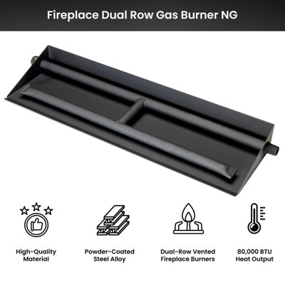 Heavy-Duty Vented Dual Row Gas Burner with Complete Fireplace Connection Kit - NG LP - Easy Install, Bonus Bag of Glowing Embers Included -  Dreffco, DR-FPLBK1-18-LPP