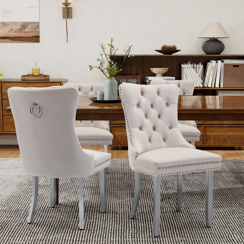 Chaises de salle à manger en velours Crossland, chaises capitonnées avec garniture cloutée pour cuisine, Beige