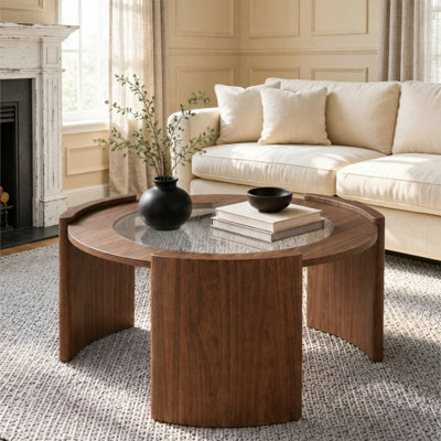 Table basse Mid-Century ronde, table de centre en bois et verre de 31,5 pouces, table de cocktail circulaire avec pieds courbés épais et plateau en verre trempé pour le salon rétro rétro, noyer