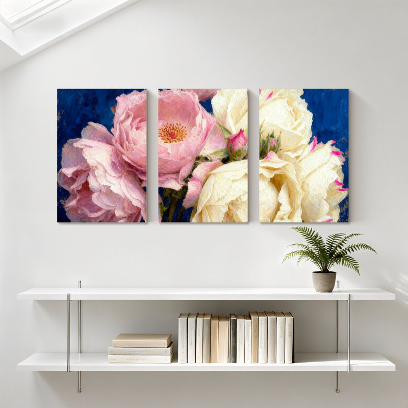 Pivoine roses et blanches sur fond bleu, ensemble de 3 impressions sur toile, H 36 po x l 72 po