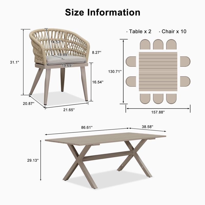 Ensemble de salle à manger d'extérieur en osier pour 10 personnes, table rectangulaire avec coussins
