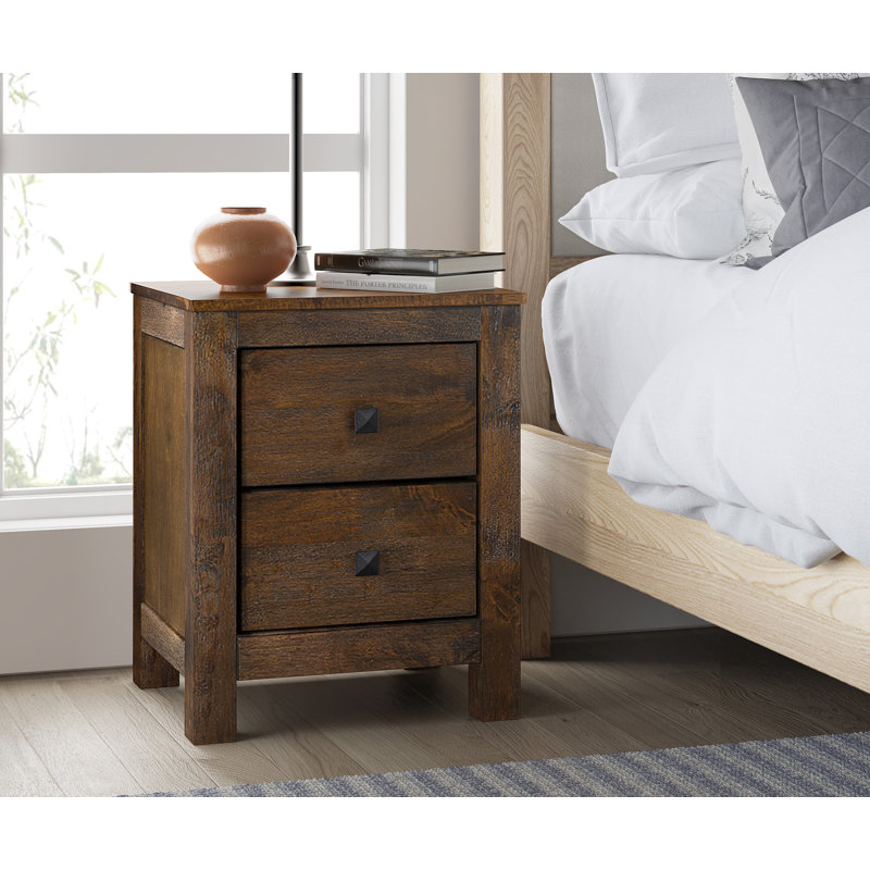 Rustic Brown 2-Drawer Wooden Nightstand with Beveled Handles