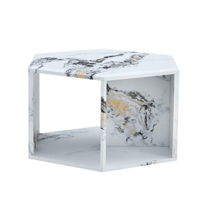 Hexagonal MDF Coffee Table, White Marbl Pattern Stickers, Multi-Hole Design To Give More Storage Space, Simple And Convenient Design Makes It Suitable For All Kinds Of Style Scenes. 25*21.6