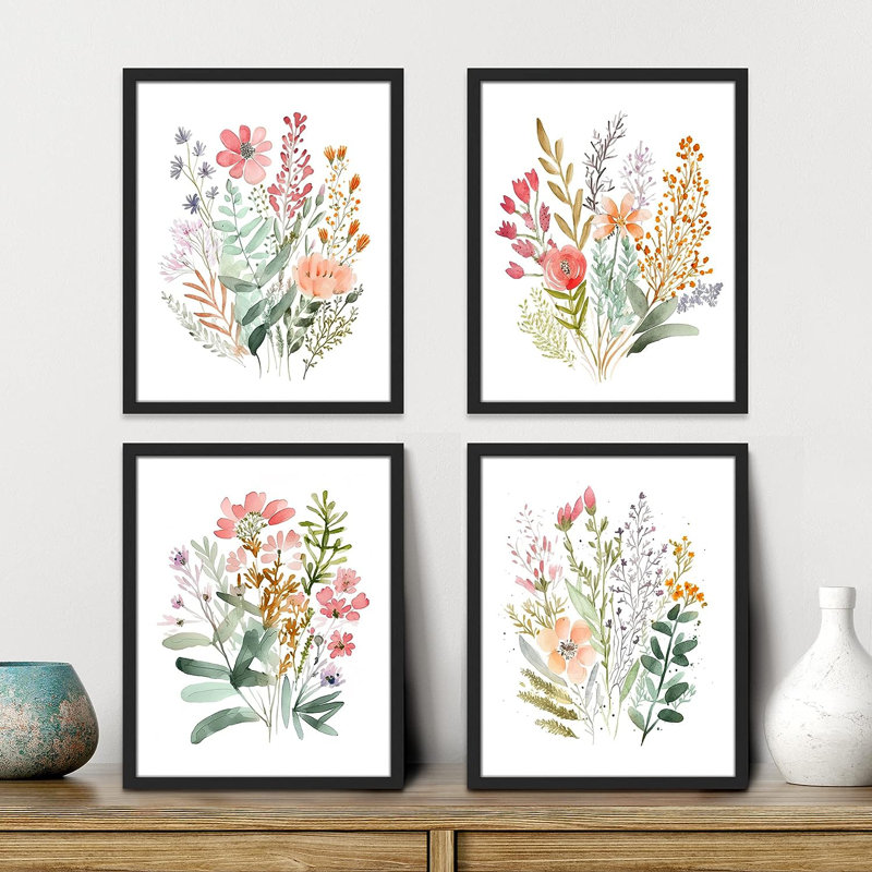Vibrant Wildflower " IDEA4WALL Framed Colorful Wildflower Forest Bouquet Wall Art, Set Of 4 Nature Wilderness Wall Decor Prints, Botanical Floral Wall Decor For Living Room, Bedroom " 4 - Pieces