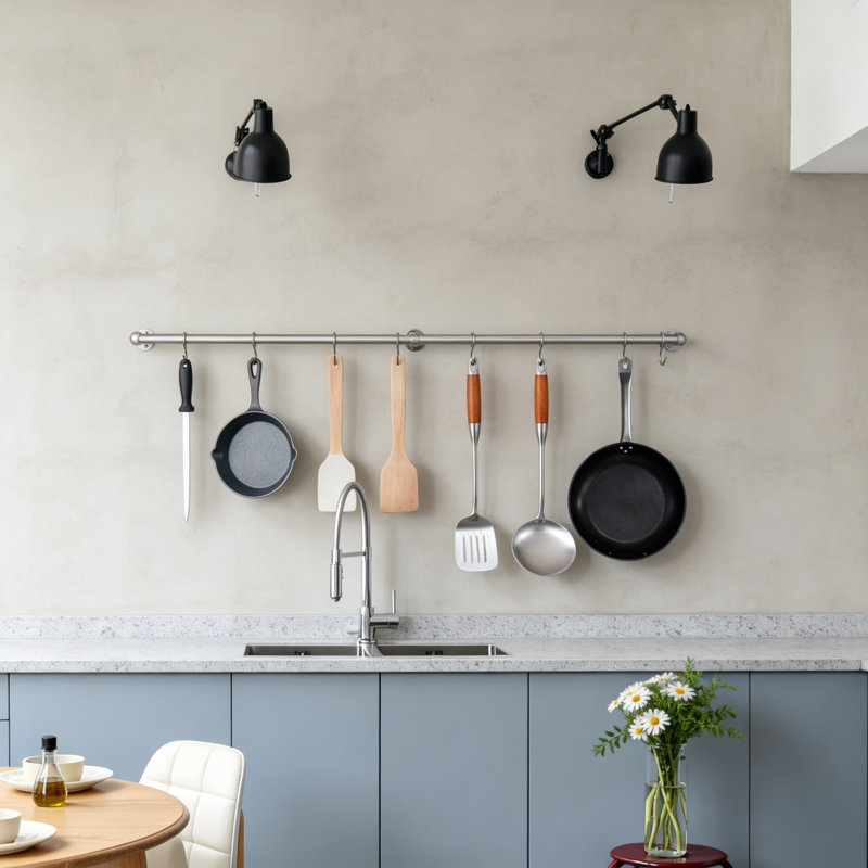 Support mural pour casseroles et poêles de 100 cm (39,4 po), en acier inoxydable brossé avec crochets, Brushed