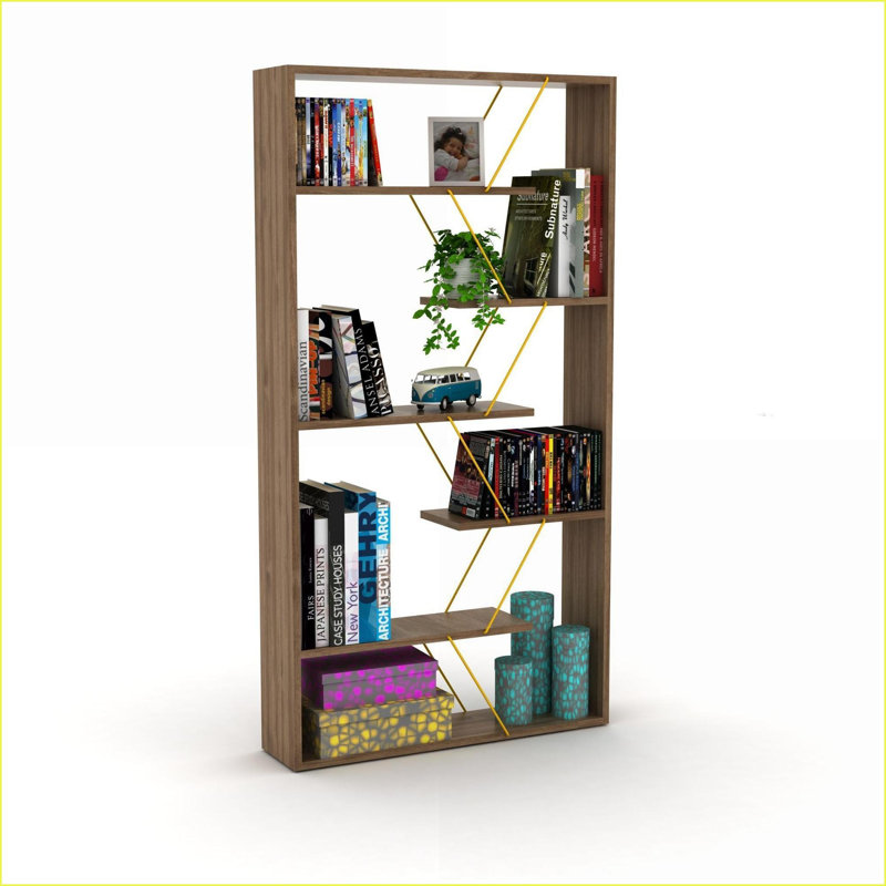 Bibliothèque | Cadre industriel en bois à 6 tablettes avec dossier ouvert | Noyer brun moutarde jaune, Brun/jaune